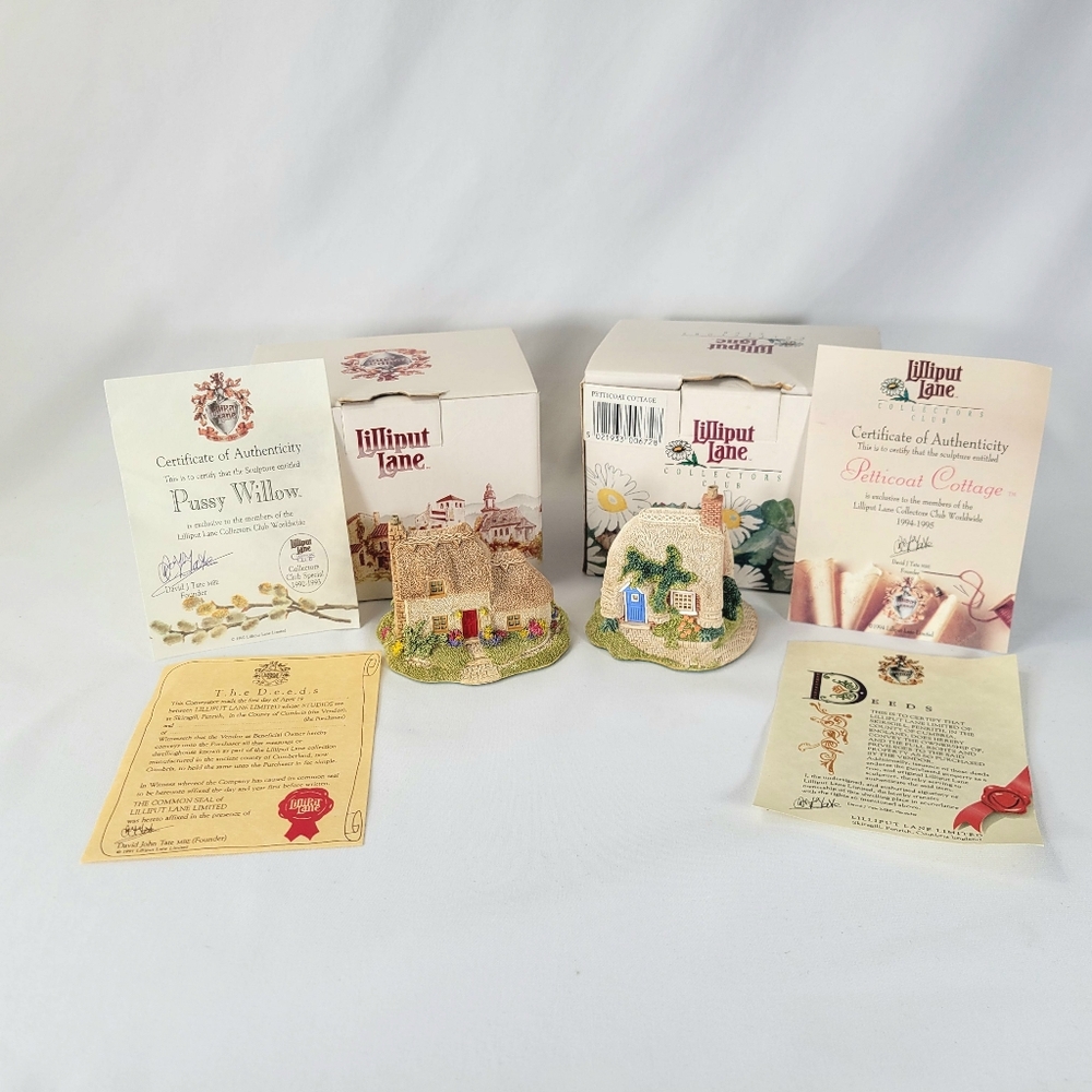 Lilliput Lane Petticoat Cottage 1994 & Willow 1992 Vintage Lot w/ Box & Deeds